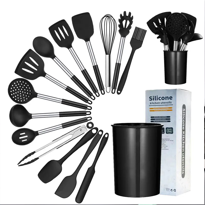 15pcs Silicone Cooking Utensil Set Non-stick Heat Resistant Silicone Kitchen Cooking Utensils Set with Stainless Steel Handle